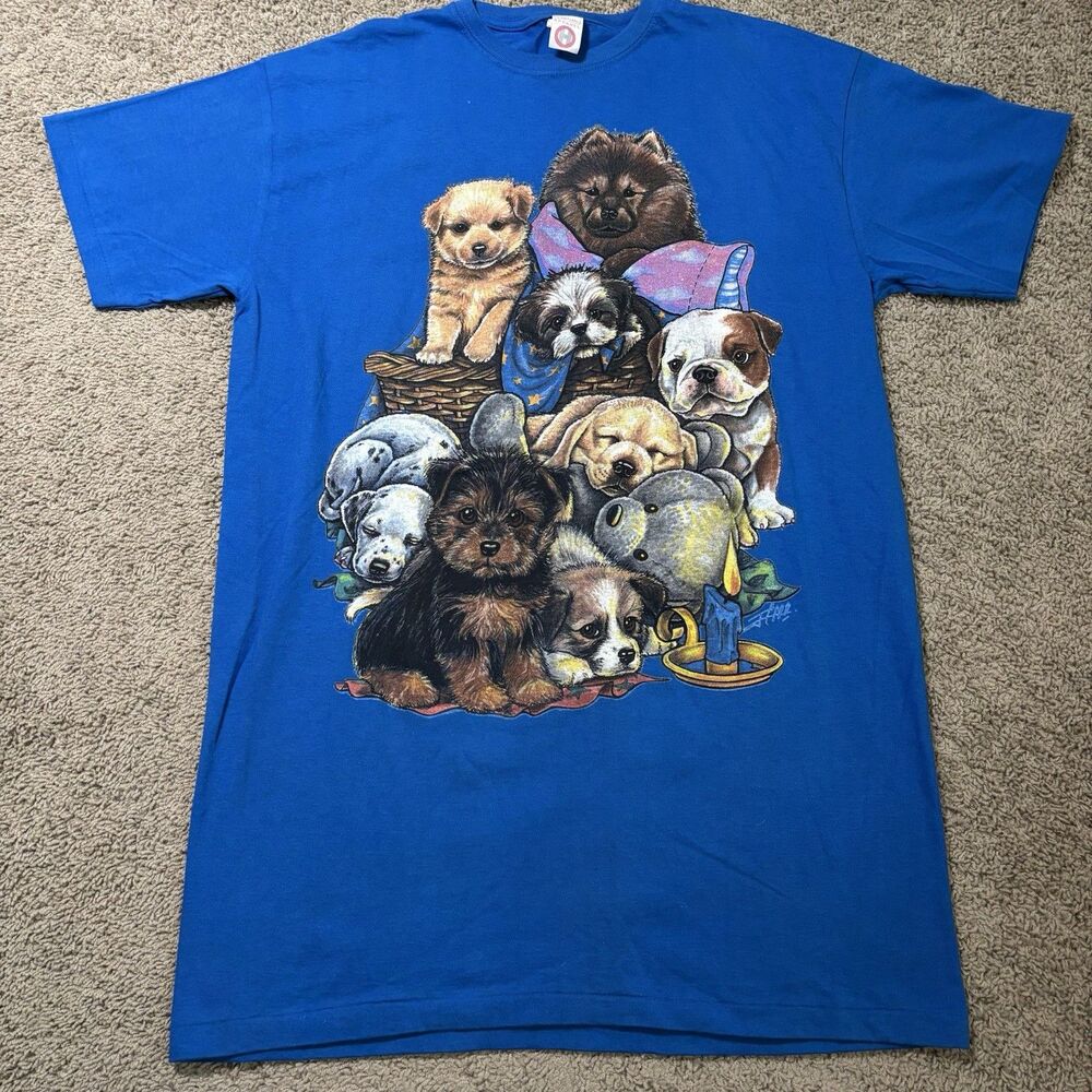 Vintage Heartland Apparel Puppy Dogs Graphic T-Shirt Adult One Size Blue Cottage